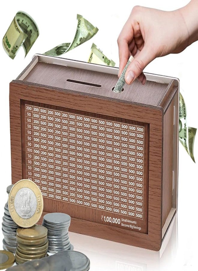 HomyReef Money Saving Box for Adult 100000 -Modern Wooden Money Saving Box,1 Lakh Collecting Box Adults Kids, Small Amount Big Storage, Challenge Box (Brown, Large) - Image 1